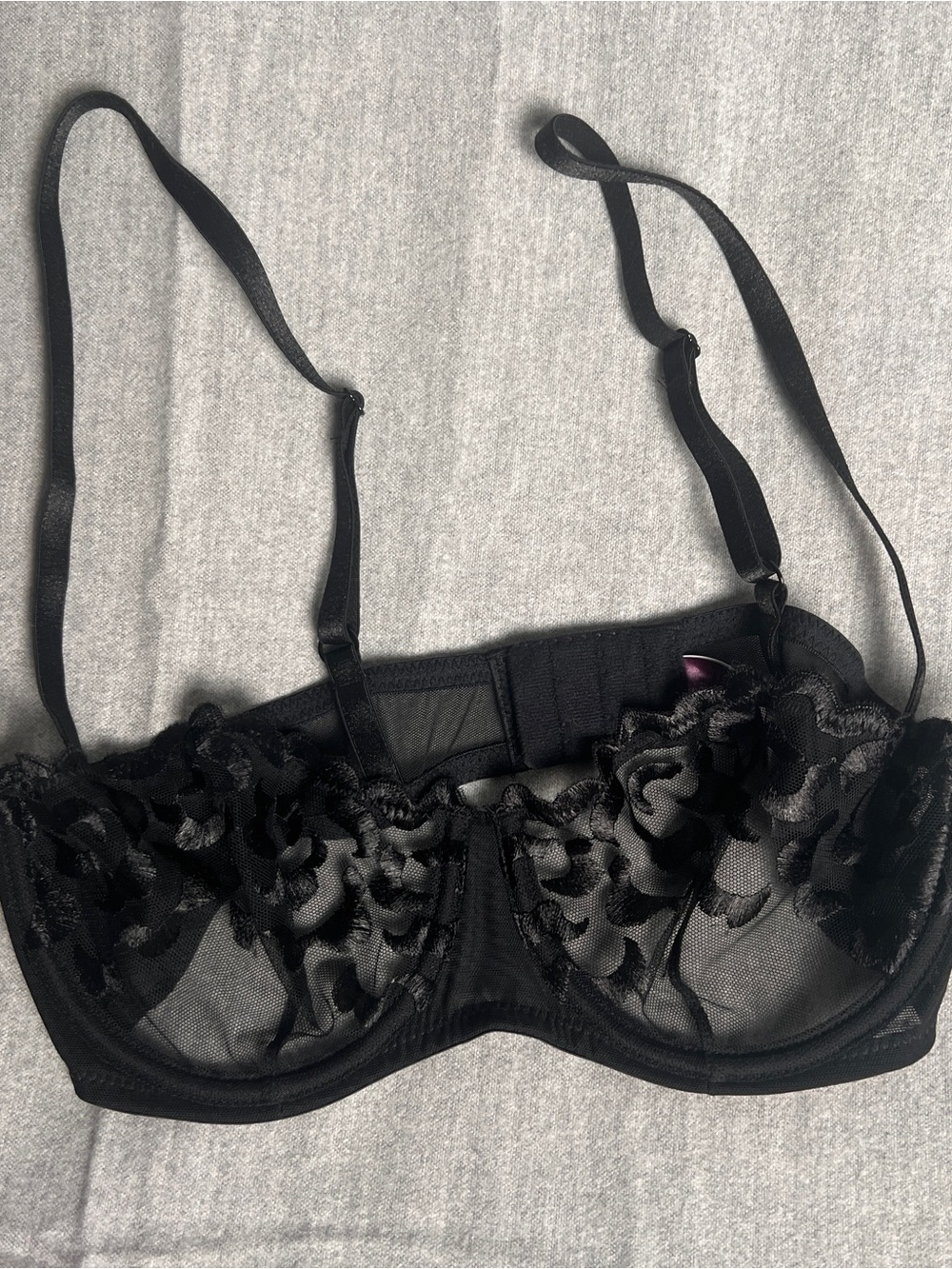 Adore Me Black Sheer Lace Underwire Bra with Floral Trim